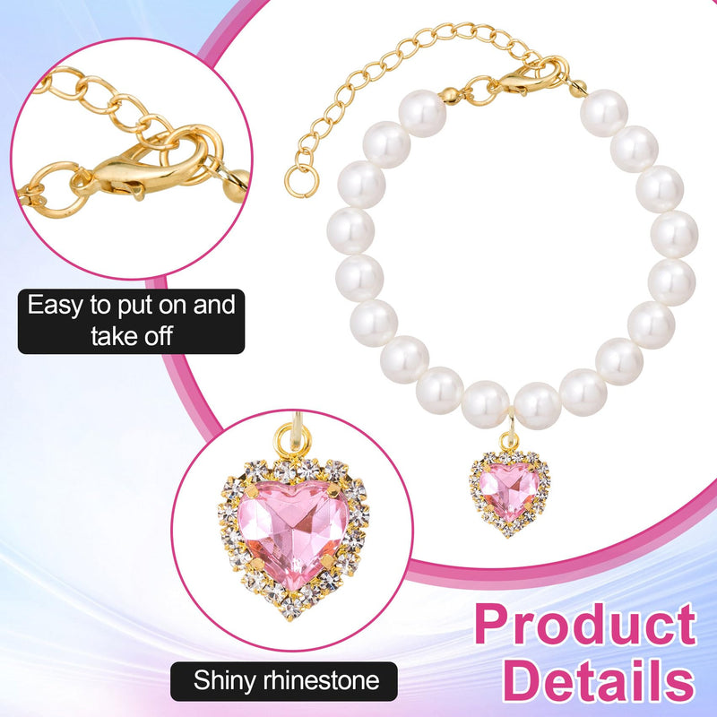 2pcs Cat Dog Pearl Collar, Small Heart Shape Rhinestone Pet Necklace, Adjustable Wedding Party Pet Jewelry Accessories for Puppy Small Cats- White & Pink - BeesActive Australia