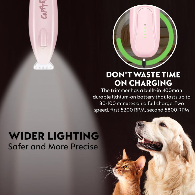 Dog Paw Trimmer with LED Light, Rechargeable Cordless Grooming Clippers, 18mm Widen Blade, Low Noise (35 dB), LED Display, Ideal for Trimming Paws, Eyes, Ears, Face, and Rump for Dogs and Cats. Pink - BeesActive Australia