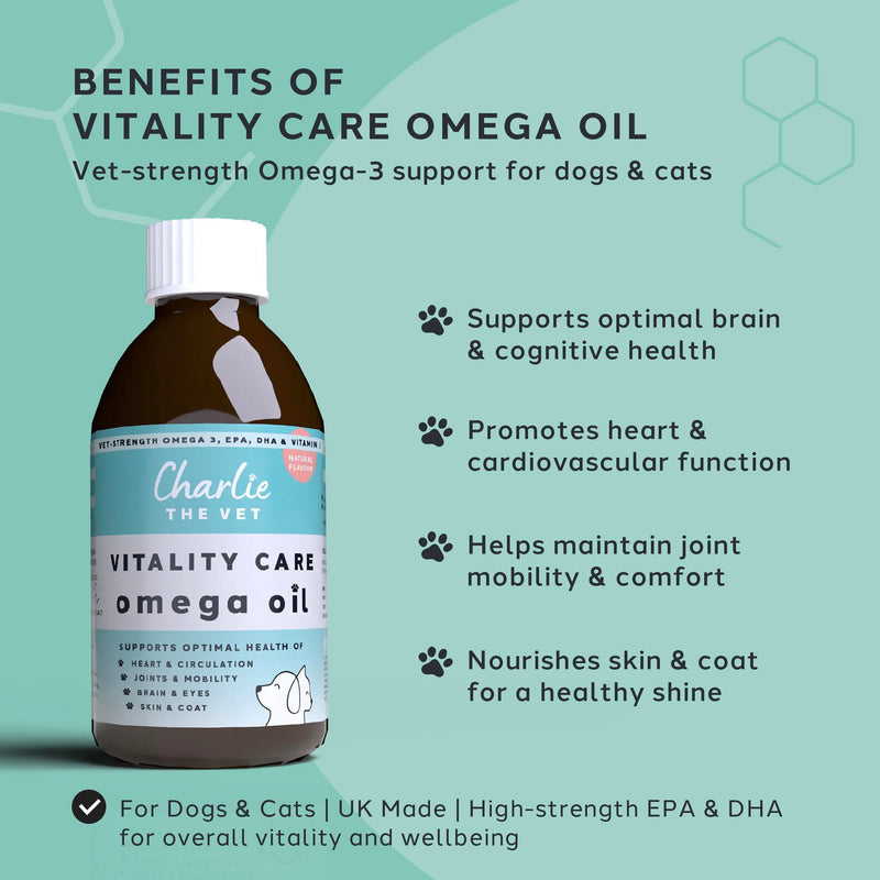 CharlieTheVet Vitality Care Omega 3 Fish Oil Supplement for Dogs, EPA 810mg & DHA 540mg per 5ml, with Vitamin E, for Skin, Joint & Heart Health
