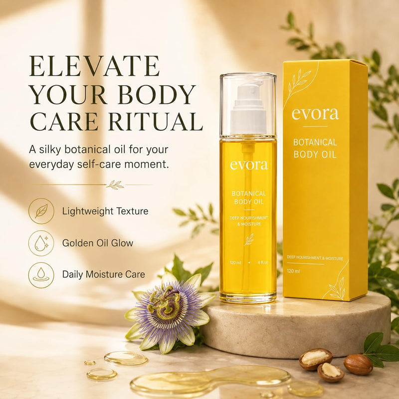 TRICK Evora Botanical Body Oil for Crepey Skin & Aging Skin, Firming Body Oil with Wakame Algae, Brazil Nut Oil & Vitamin E, Fast Absorbing Moisturizing Body Oil for Dry Skin, Non-Greasy, 4 Fl Oz