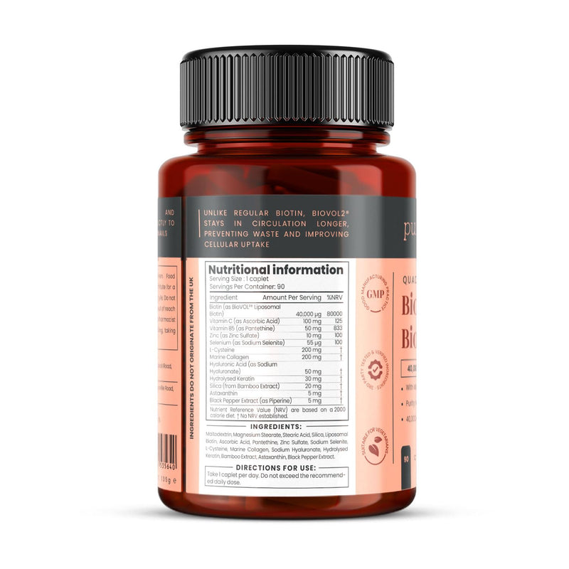 pureclinica 400% Strength Biotin 40,000mcg x 90 Caplets – BioVOL²® Liposomal Biotin Complex | with Marine Collagen, Keratin, Vitamin C & More | 3 Months Supply 90 Count (Pack of 1)