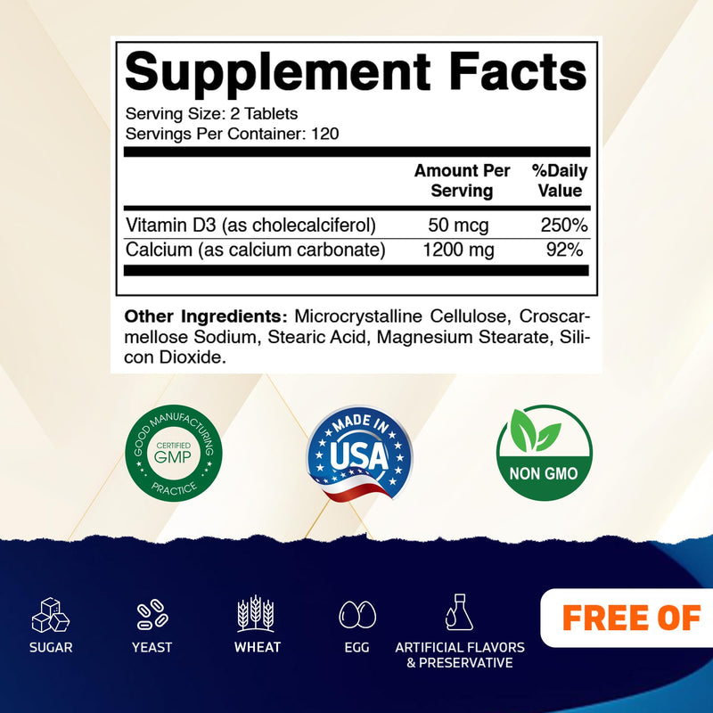 Vitamatic Calcium 1200mg with Vitamin D3 2000 IU (50mcg) – Bone & Immune Support Formula – 240 Tablets – High Absorption Calcium Carbonate with D3 – Non-GMO, Gluten-Free