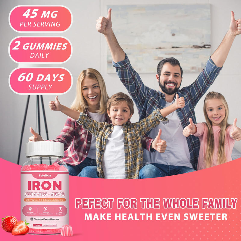 Vegan 2 Pack Iron Supplement Gummies for Women & Men, Anemia, Blood Builder & Energy Support for Iron Deficiency, with Vitamin C, A, B Complex, Folate, CoQ10, Sugar Free, Non-GMO, 120 Count 45MG Iron Strawberry Flavor 60 Count (Pack of 2)