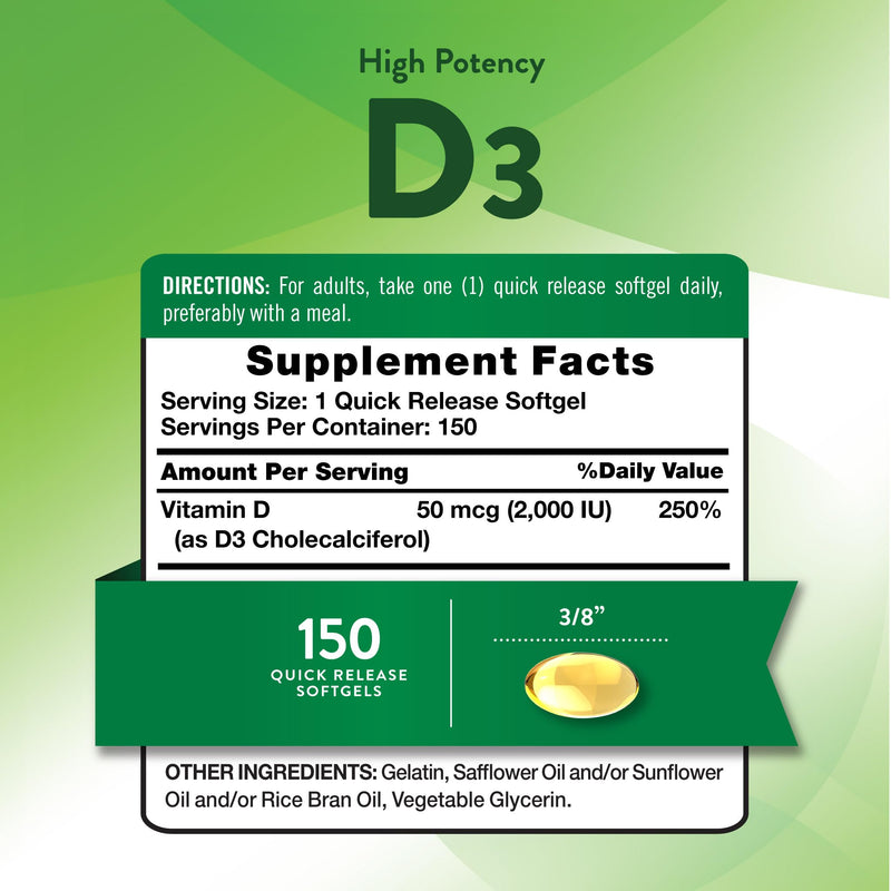 Nature's Truth Vitamin D3 2000 IU Softgels for Adults | 150 Count | High Potency | Non-GMO and Gluten Free Supplement | High Potency | Non-GMO and Gluten Free Supplement