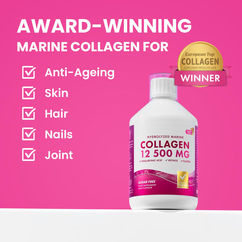 Swedish Nutra Marine Collagen 12,500 mg Liquid, 500 ml, 20 Day | 12,500mg Type 1 & 3 marine collagen with hyaluronic acid, biotin & vitamins for hair, skin, nails & joints; sugar free SN Marine Collagen 12 500 mg Sugar Free 500ml