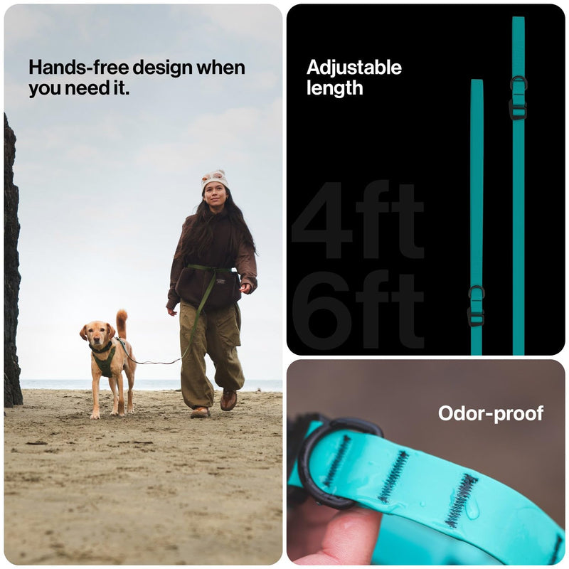 Säker Kelp™ Waterproof Dog Leash – Heavy Duty, Odor-Proof, Adjustable 4–6 ft Long Dog Leash with Twist-Lock Carabiner, 3 Traffic Handles, Hands-Free Option, Aluminum Hardware Trail Green