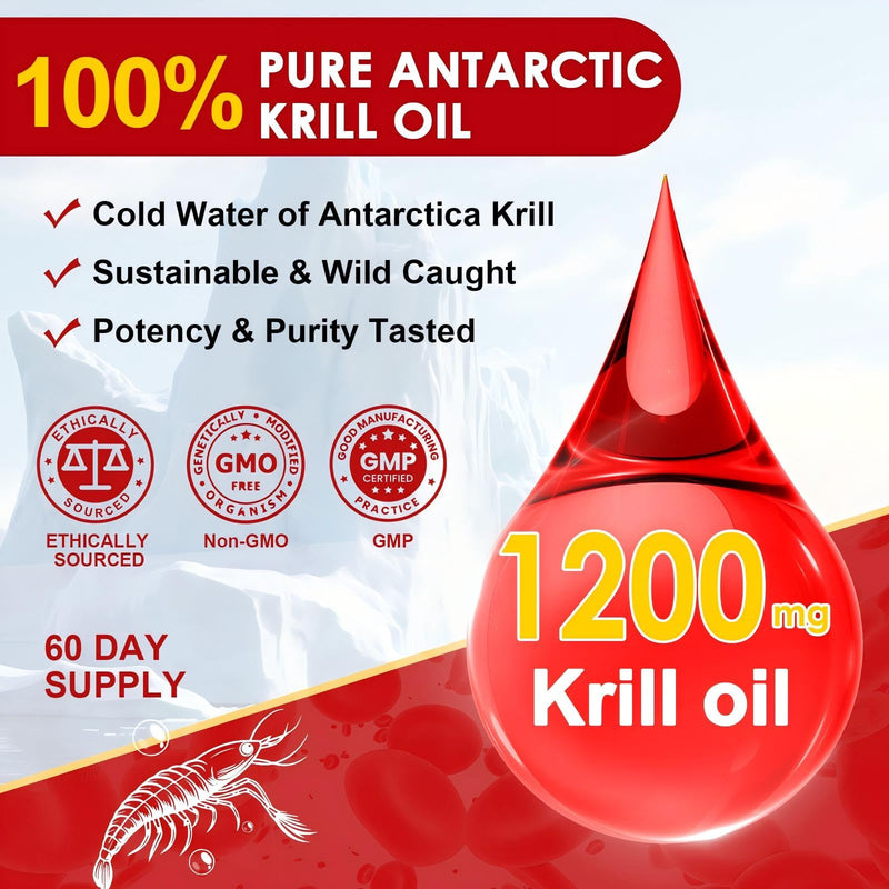 NATURE TARGET Krill Oil 1200mg with Omega-3 EPA & DHA with Astaxanthin, Phospholipids & Choline - Supports Heart, Brain, Join Health, Non-GMO, Gluten Free, 120 Softgels (60 Servings) 120 Count (Pack of 1)