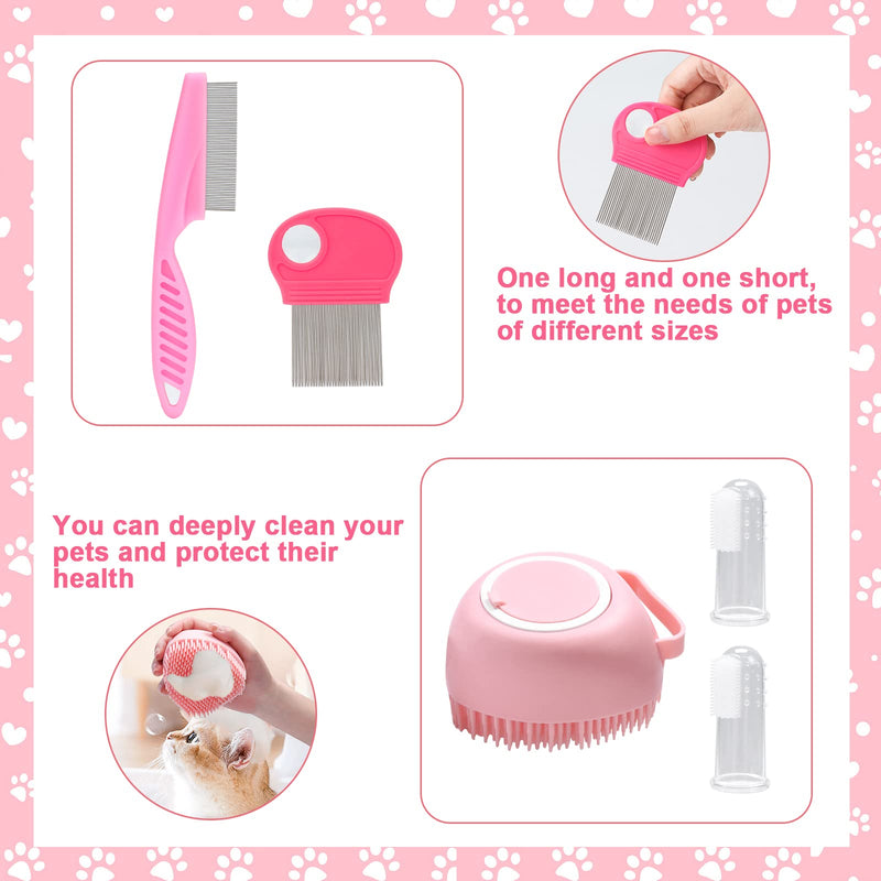 VCZONE 8 Pcs Cat Brush Grooming Kits, Pet Self Cleaning Kit with Pet Nail Clipper and File, Flea Comb, Pet Shampoo Bath Brush, Pet Shedding Brush, Silicone Toothbrush (Pink) Pink - BeesActive Australia