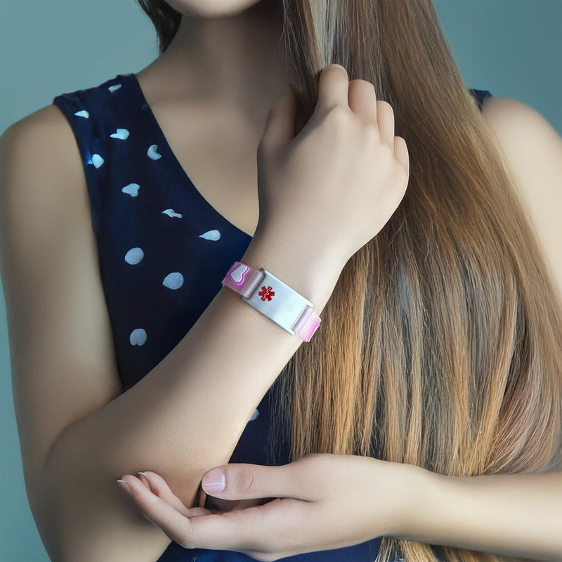 LinnaLove cartoon medical alert id bracelets Parents gift to Son, daughter, brother, sister PINK HEART type 1 diabetes