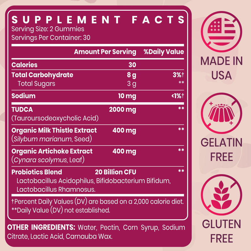 Premium TUDCA Gummy Supplement - 2000mg High-Potency Liver Support, Liver Cleanse Detox & Repair with Milk Thistle, Artichoke Extract, Probiotics, Bile Salts - Vegan, 30 Servings 60 Count (Pack of 1) - BeesActive Australia