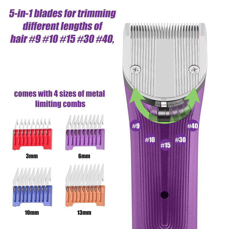 Professional Animal Pet Dog Cat and Horse Cordless Hair Clipper Grooming Kit with 5 in 1 Blade Low Noise & High Power Rechargeable Cordless Pet Grooming Clipper for Thick Heavy Coats -Purple Purple - BeesActive Australia