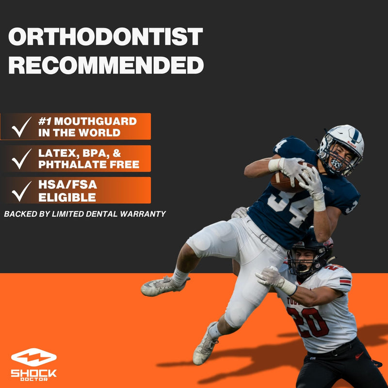 Shock Doctor Braces Football Mouth Guard, Upper and Lower Teeth. Convertible, Ultra Double Protection, Comfortable and Durable Mouthguard. Black