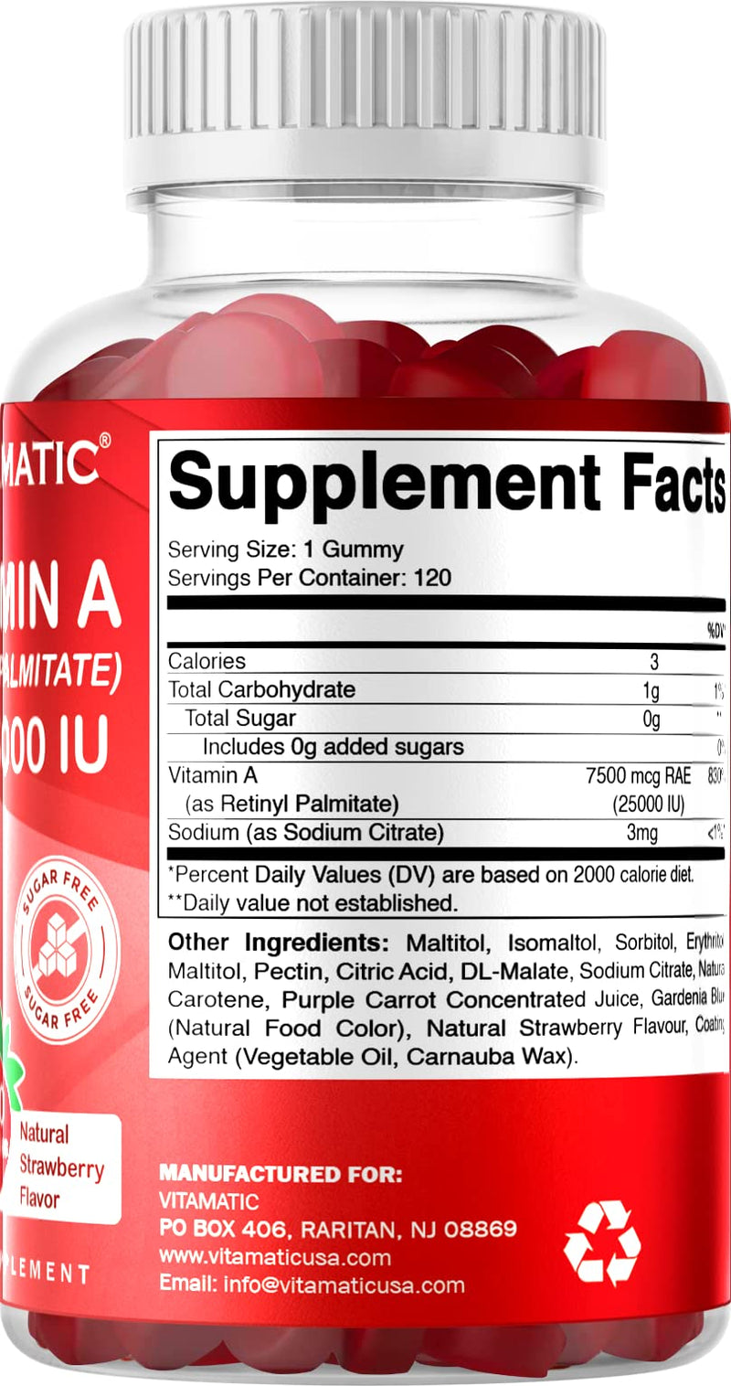 Vitamatic Sugar Free Vitamin A 25000 IU Gummies (Retinyl Palmitate) - Natural Strawberry Flavor - 120 Pectin Based Gummies (1 Bottle) 1 Bottle - BeesActive Australia