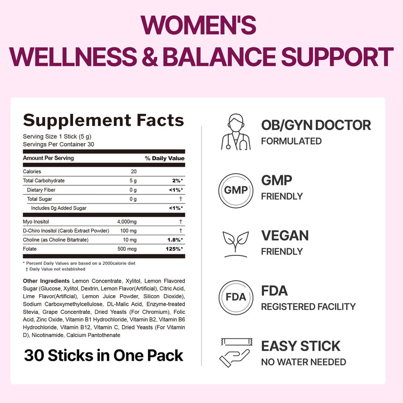 Balance Up Inositol 40:1 Myo & D-Chiro with Folate(Vitamin B9) & Choline – Hormone Balance & Reproductive Health Support for Women – Lemon Lime Stick Powder, 30 Servings