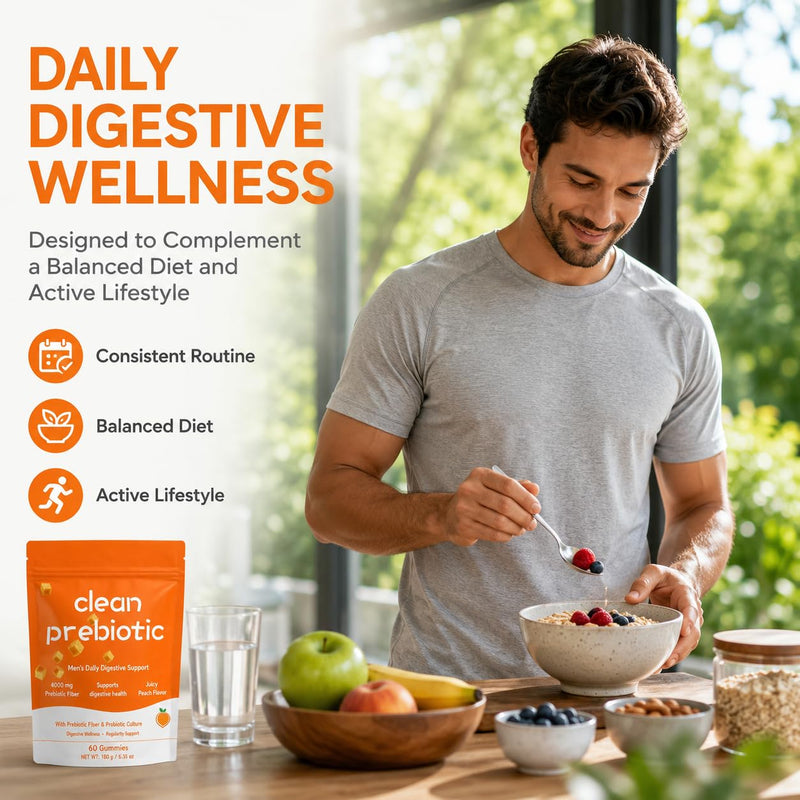Clean Prebiotic Fiber Gummies for Men | Peach Flavored , Digestive Wellness , 60 Count