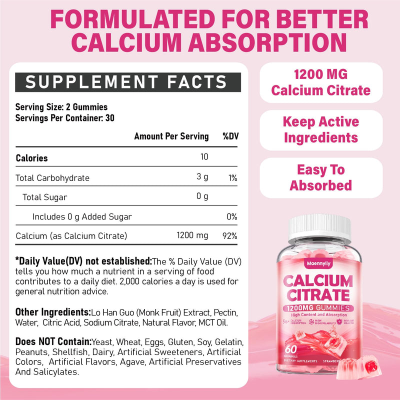 Calcium Citrate Gummies 1200 mg for Adults: Ultimate Absorption Calcium Supplement for Women & Men - Easy to Digest, Vegan, Non-GMO, Gluten Free - Natural Strawberry Flavor 60 Count (Pack of 2) - BeesActive Australia