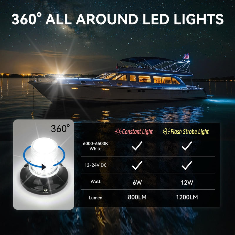 Anchor Light, Flash+Constant Boat LED Stern Light, All-Round Super Bright Marine Navigation Signal Light, Surface Mount White LED Marine Lighting Kit for Fishing Yacht Sailboat BassBoats