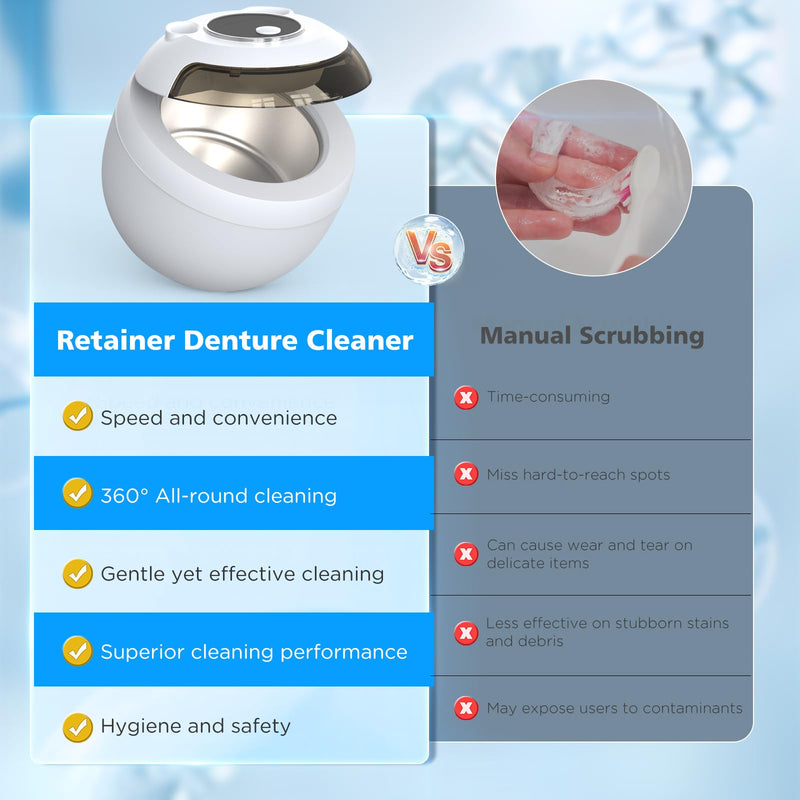 45kHz Retainer Cleaner Machine, 200ML Ultrasonic Dental Cleaning Pod with 4 Modes, Digital Timer, Mouth Guard Cleaner for Denture, Aligner, Braces, Toothbrush, Jewelry and More (White) White