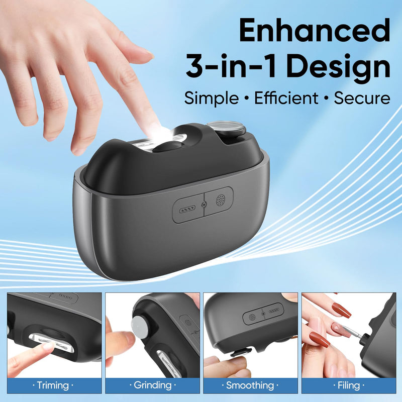 Electric Nail Clipper, 3-in-1 Automatic Nail Trimmer with Clipping, Polishing & Storage, USB Rechargeable Nail Cutter Built-in LED Light & 2 Speed Modes for Home and Travel M Classic Black Style - BeesActive Australia