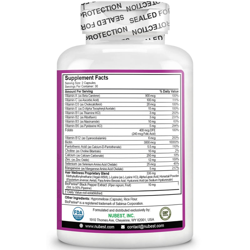 NuBest Hair Xtra Hair Growth Vitamins for Women & Men, Biotin 3000 mcg Hair Supplement with MSM, Zinc, B Vitamins, Horsetail & Hyaluronic Acid, Hair Skin and Nails Support, 60 Capsules 60 Count (Pack of 1)
