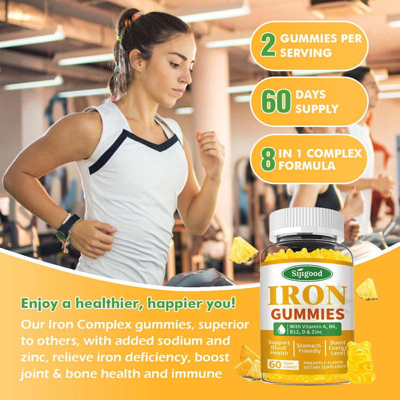 2 Pack Iron Gummies for Women & Men - Vegan Iron Supplement for Anemia & Iron Deficiency, with Vitamin B12, Vitamin C, Zinc, Folate - Energy Boost, Sugar-Free, Pineapple Flavor, 120 Count 60 Count (Pack of 2)