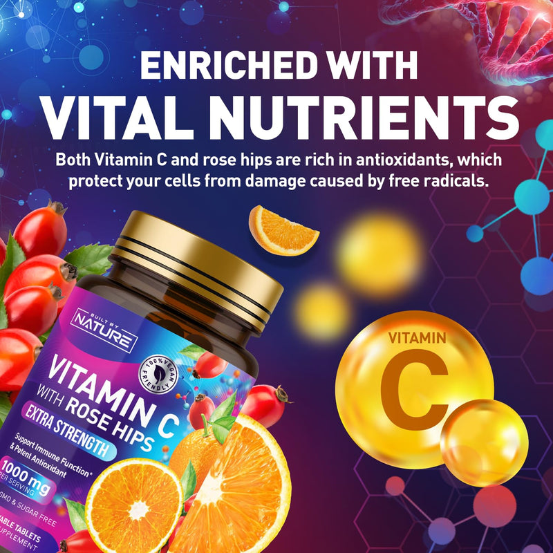 Built by Nature Chewable Vitamin C with Rose HIPS 1000mg 60 Tablets Orange Flavor, Non-GMO, Gluten-Free, Vegan, Immune Support & Antioxidant 60 Count (Pack of 1)