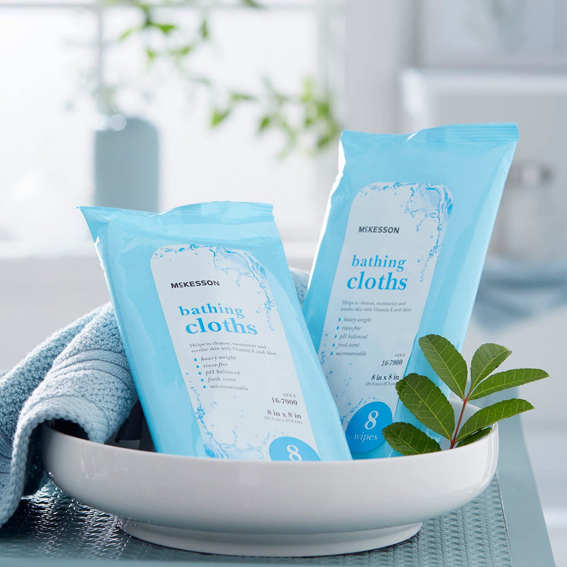 McKesson Bathing Cloth with Aloe & Vitamin E No Rinse Shower &, 8 Wipes | Disposable Washcloths, pH Balanced, Fresh Scent, Singe Use Shower Wipes, Purified Water