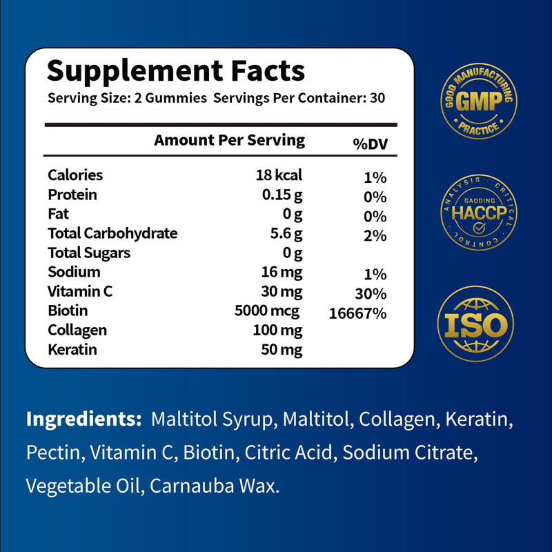 Biotin Gummies 5000mcg for Hair Growth Support - Sugar Free Multi Collagen with Keratin,Pectin Based, Hair Skin and Nails Vitamins Gummies - 60 Count 1 Count (Pack of 60)