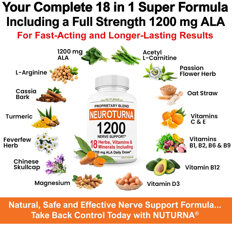 Neuroturna Support Supplement with 1200 mg Pure Alpha Lipoic Acid - Maximum Strength Formula with ALA + Vitamins + Minerals + Herbs - Best Natural Support - 180 Capsules