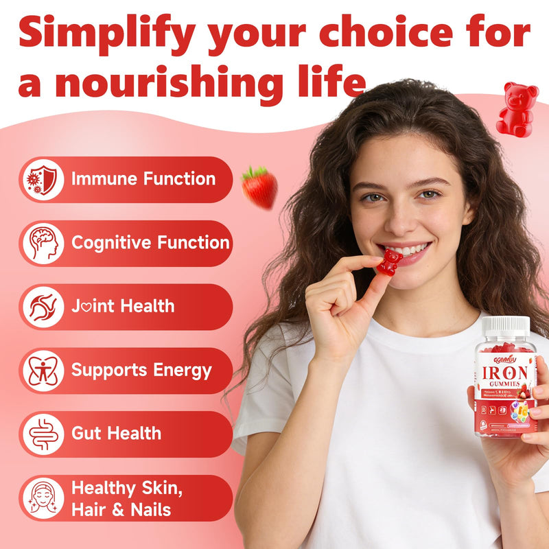 Sugar Free Iron Gummies for Energy Support, 60 Count | Formulated with Folate, Zinc, Vitamin C, B12 & B6, Vegan Supplement, Gentle on Stomach, Strawberry Flavor 60 Count (Pack of 1)