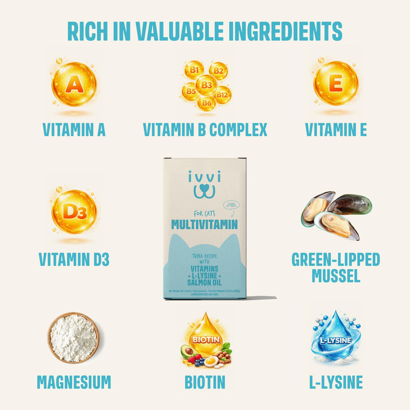 ivvi Multivitamin for Cats - Creamy Lickable Cat Supplement with Tuna, Vitamins, L-Lysine, Taurine & Salmon Oil - Daily Cat Wellness Support - 30 Pouches x 15 g