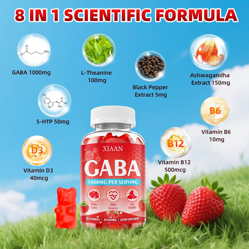 GABA Gummies 1000mg for Kids & Adults, Chewable GABA Supplements with L Theanine 5-HTP Ashwagandha Vitamins B6,B12,D3 for Calm & Zzz, Sugar-Free/Vegan, Strawberry Flavor 120 Count 60 Count (Pack of 2)
