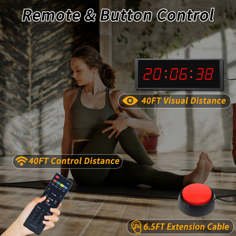 Gym Timer Clock with Start/Stop Button,12/24H Digital Wall Clock with Remote Control, Countup, Countdown, Stopwatch, Workout Timer for Home Gym Garage