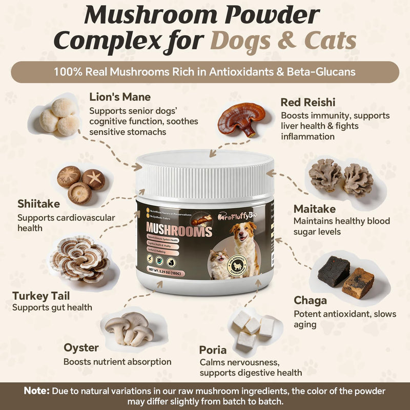Turkey Tail Mushroom Natural Supplement for Dogs & Cats - 150g Pet Mushroom Powder Complex for Immune & Gut Support Brain Health and Digestion Liver & Heart Health, for Lumps and Bumps