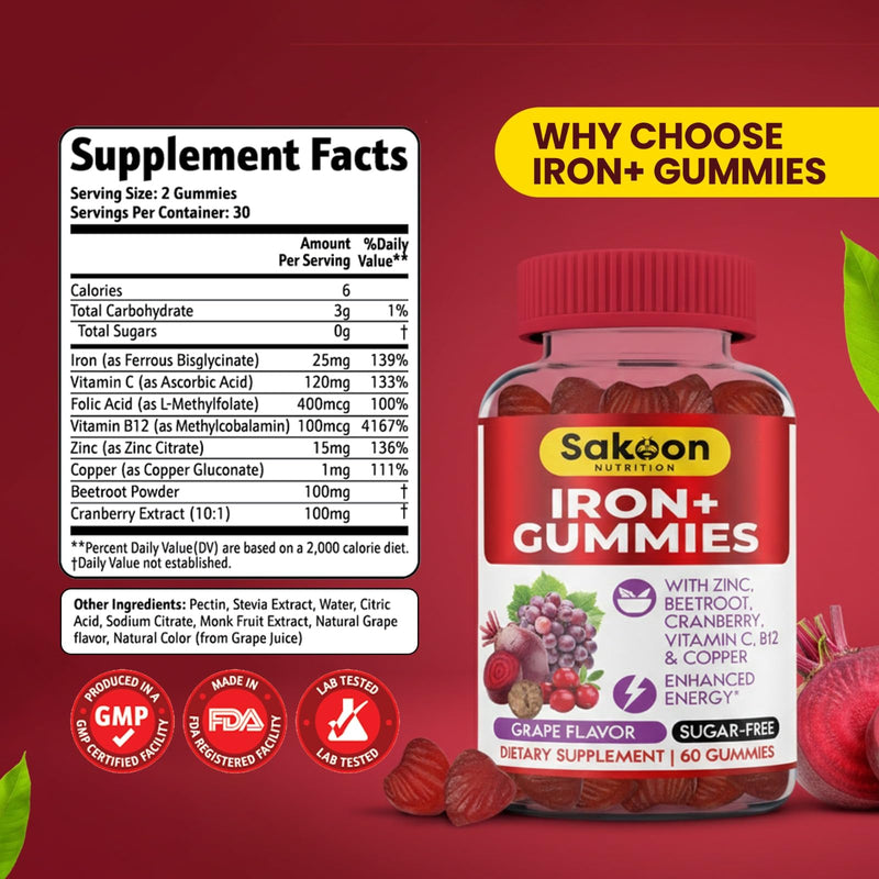 Sakoon Nutrition Iron Gummies for Women & Men | 60 Count Sugar Free Grape Flavour Vegan Iron Gummies with Vitamin C, B12 & Zinc | Support for Bones Strength, Energy & Blood Health | 2Count Per Serving