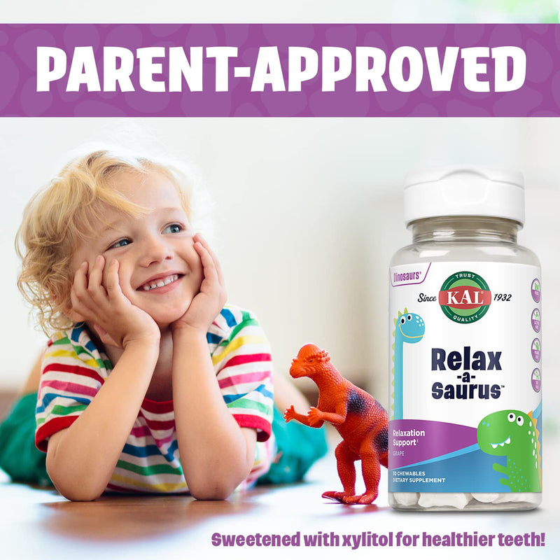 KAL Relax-a-Saurus, Stress Support Supplement for Kids, L-Theanine for Children with Herbal Stress Relief & Relaxation & Blend, Delicious Natural Grape Flavor, 60-Day Guarantee, 30 Chewables | Kids Stress & Calm Support - L-Theanine, Chamomile & Passio...