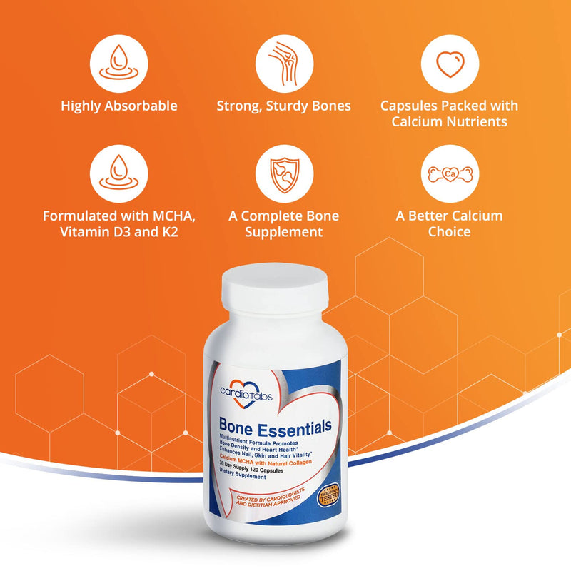 Bone Essentials with MCHA & Collagen, Calcium Supplement w/Calcium Hydroxyapatite for High Absorption, Bone Density and Heart Supplement w/Vitamins, Minerals & Proteins, 120 Capsules
