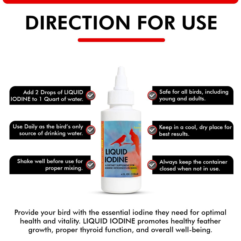 Morning Bird Liquid Iodine for Birds 4 fl oz – Iodine Mineral Supplement – Supports Feather Growth, Molting, Energy & Healthy Thyroid Function – Easy-to-Use Drops