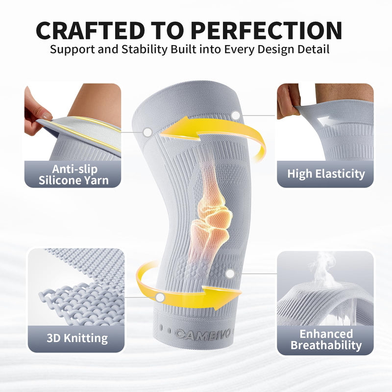 CAMBIVO Knee Brace for Women and Men (2 Pack), Ultra-Thin Lightweight Knee Compression Sleeve (Gray, Medium) Gray