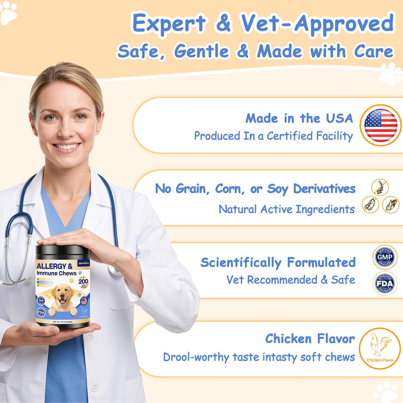 Dog Allergy Chews, Itchy Skin & Paw Licking Support, Probiotics for Dogs, Immune & Gut Health, Seasonal Allergy Formula, Skin & Coat Health, Chicken Flavor Soft Chews, 200 Ct, BlueChampagne