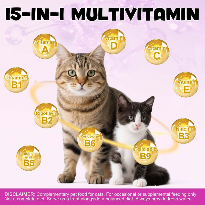 Cat Multivitamin, Multivitamin Treats for Cats, 15-IN-1 Nutritional Supplement, Supports Immune Health, Skin, Coat, Heart Health, Hip And Joint Health, Suitable for Cats of All Ages 100g Vitamin