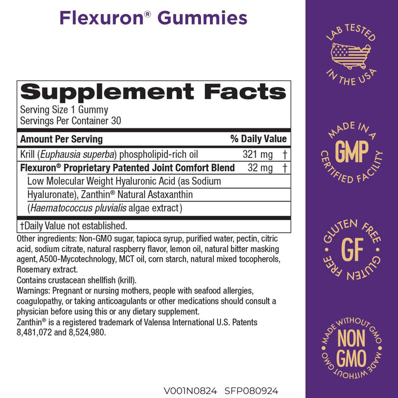 Purity Products Flexuron Gummies Joint Formula 3X Better Than Glucosamine and Chondroitin - Starts Working in just 7 Days - Krill Oil, Low Molecular Weight Hyaluronic Acid, Astaxanthin - 30 Ct (1) 1 - BeesActive Australia