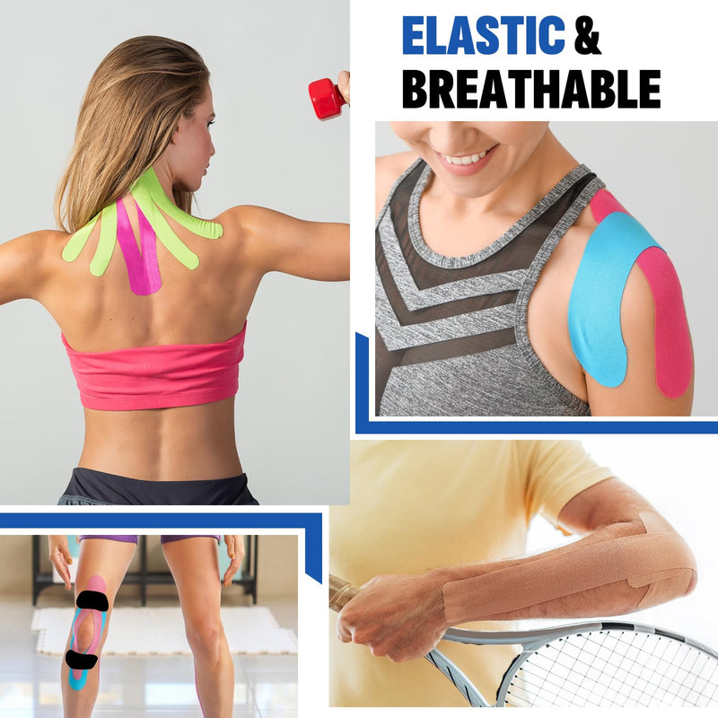 60PCS Precut Kinesiology Tape Strips, 6 Colors 2 inch x 10 inch Cotton Athletic Tape, Kinetic Tape, Elastic Muscle Tape, Sports Tape, Knee Tape for Exercise and Daily Use Skin Color, Light Blue, Green, Rose Red, Black, Red