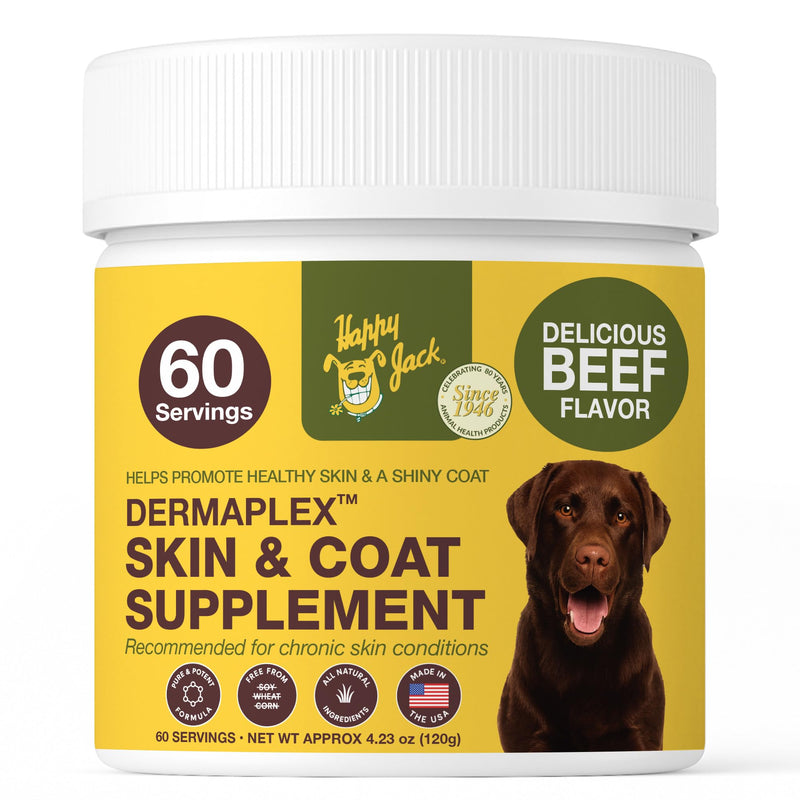 Happy Jack Dermaplex Skin & Coat Supplement Powder for Dogs (60 Servings) Made in USA, Supports Hair Regrowth After Eczema or Mange, Omega-Rich Formula for Shiny Coat and Healthy Skin