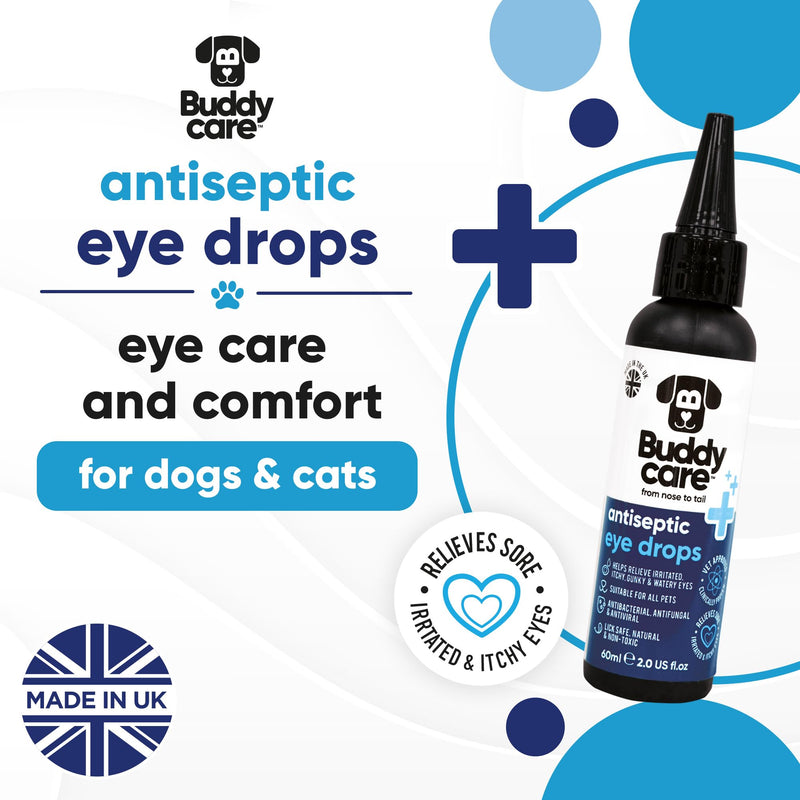 Buddycare Dog Eye Drops for Infection Vet Approved Lick-Safe Formula for Dogs & Cats to Provide Soothing to Irritated, Itchy Watery Eyes - Antibacterial, Antifungal & Antiviral Formula (60ml)