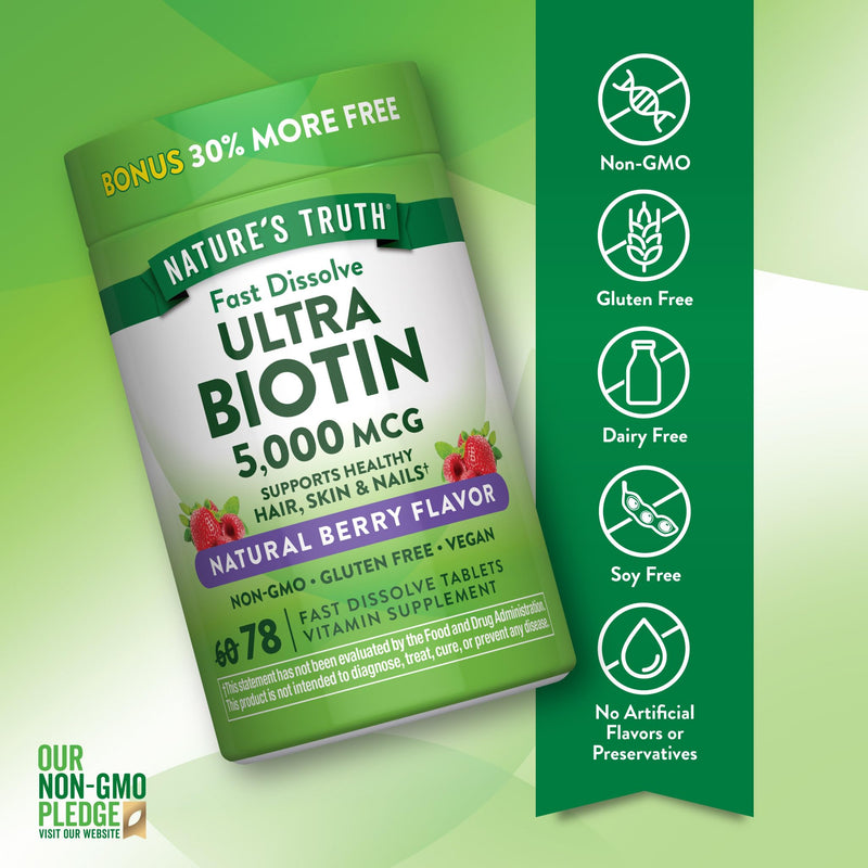 Nature's Truth Biotin | 5000mcg | 78 Fast Dissolve Tablets | Natural Berry Flavor | Vegan, Non-GMO & Gluten Free 78 Count (Pack of 1)