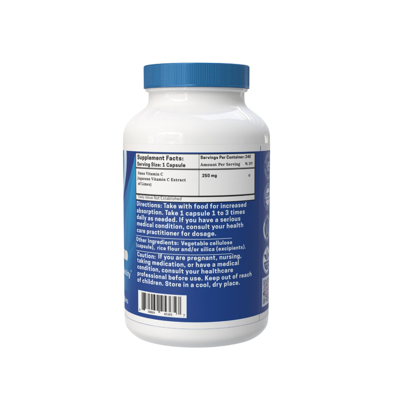 One Planet Nutrition Nano Vitamin C 250 mg Veggie Capsules (240 Servings), Ascorbic Acid from Lime Extract, Nano for Enhanced Absorption, Supports Collagen Production & Immune Health, Non-GMO, Vegan