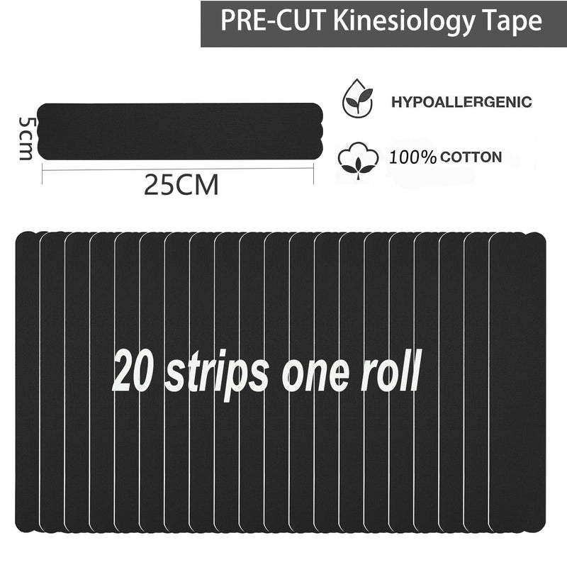 Kinesiology Tape Pro Athletic Sports (3 Rolls,60 Precut Strips) Waterproof Breathable Latex Free Tape for Ankle Wrists Knees Elastic Running Tennis Swimming Football Sports Activities Tapes Black 3 pack Black 3roll