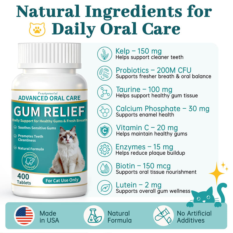 Cat Dental Care Supplement - Cat Teeth Cleaning & Bad Breath Freshener, Natural Plaque and Tartar Remover for Cats, Oral Health Support with 150mg Kelp & Probiotics- 400 Tablets
