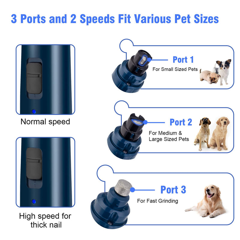 Casfuy Dog Nail Grinder with LED Light - Upgraded 2-Speed Electric Pet Nail Trimmer Powerful Painless Paws Grooming & Smoothing for Small Medium Large Dogs & Cats (Dark Blue) Dark Blue - BeesActive Australia